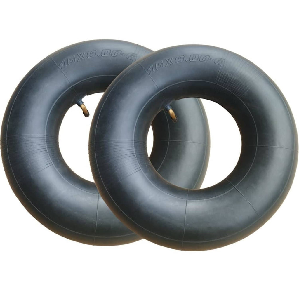 2-pack 15x6.00-6 lawn mower inner tubes, dark rubber, bent valve stems visible