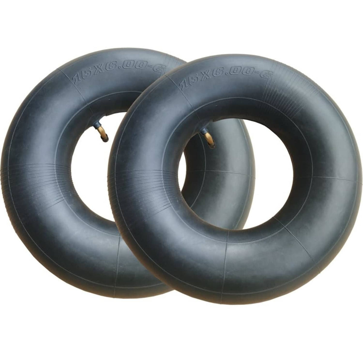 2-pack 15x6.00-6 lawn mower inner tubes, dark rubber, bent valve stems visible