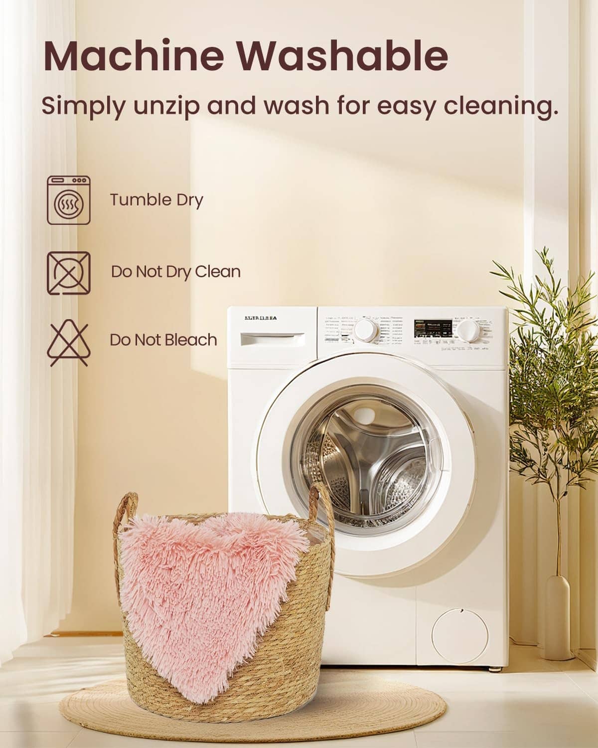 Pink fuzzy body pillow cover shown for machine washing