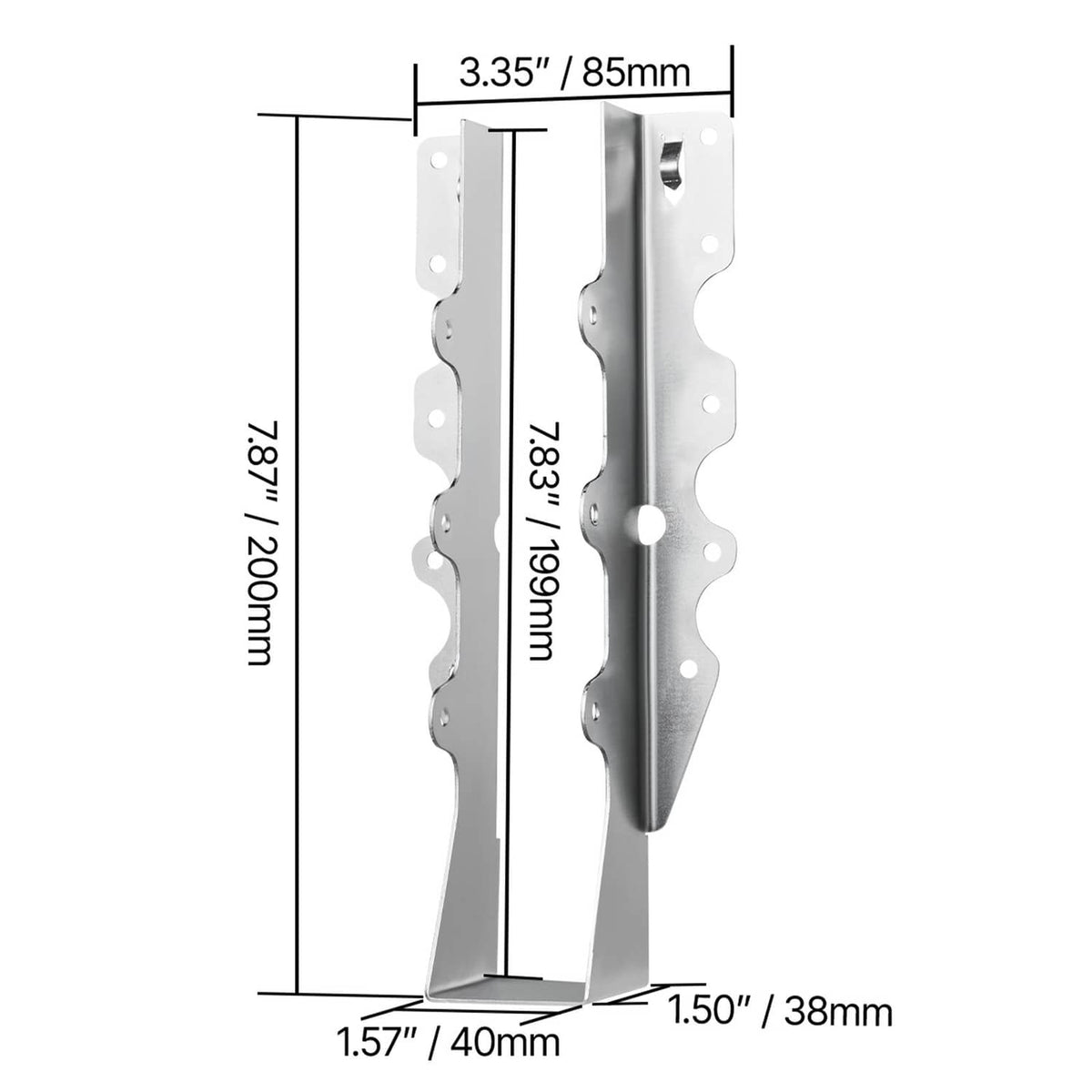 Steel beam hanger bracket with dimensions and stepped mounting plates