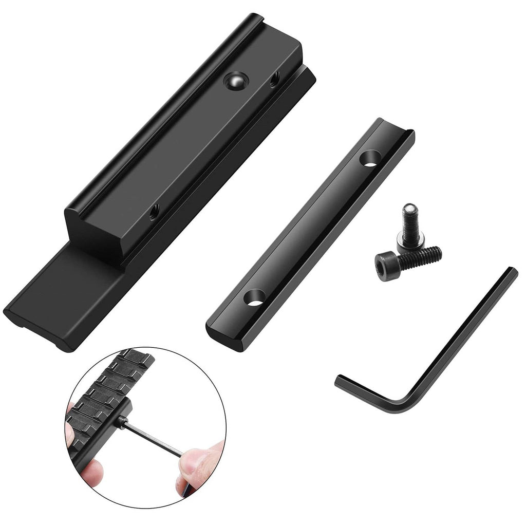 Black rail adapter kit with mounting base, screw hardware, and hex key