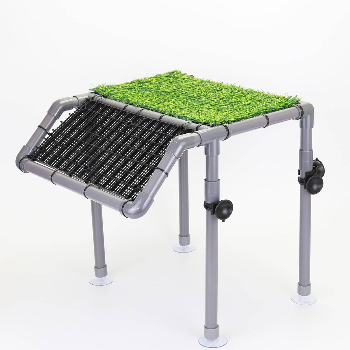 Turtle basking dock with green turf platform, black mesh ramp, suction feet