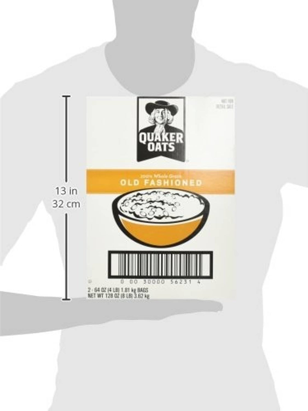 Oat cereal box shown on a person for size reference with branding and barcode