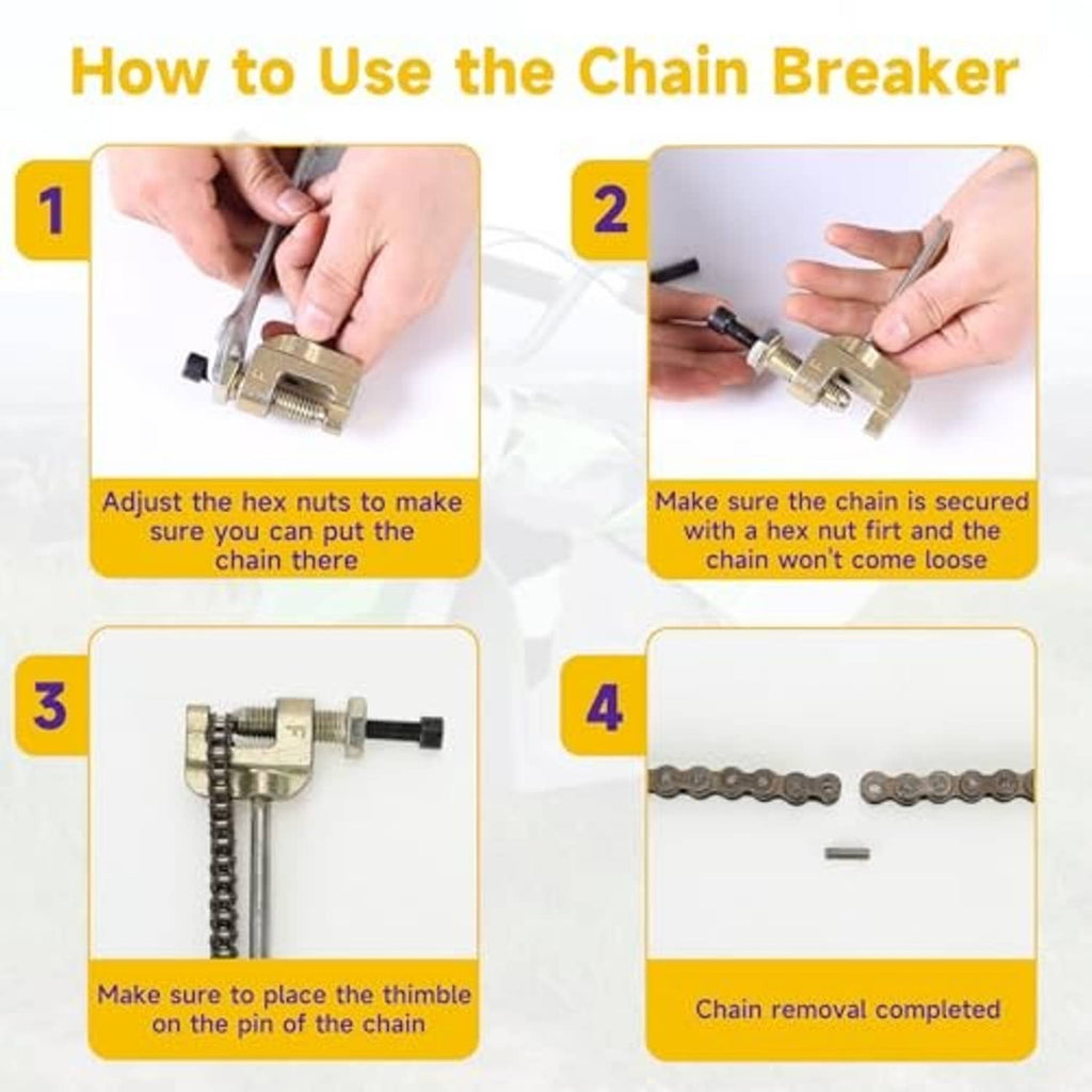 Chain breaker tool set with metal clamp, hex nut adjuster, and remover pin