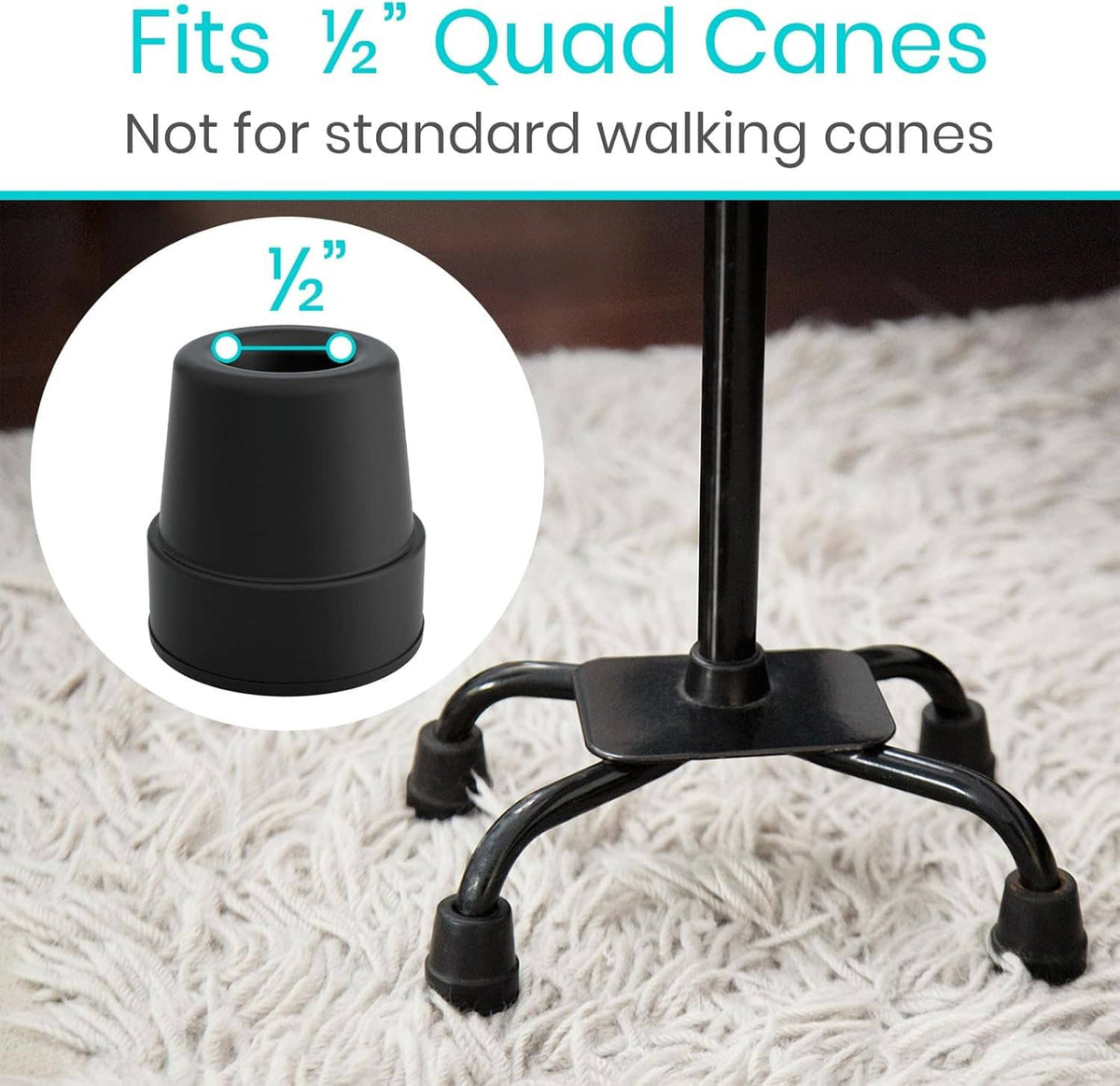 Black 1/2-inch quad cane rubber tip attached to cane base