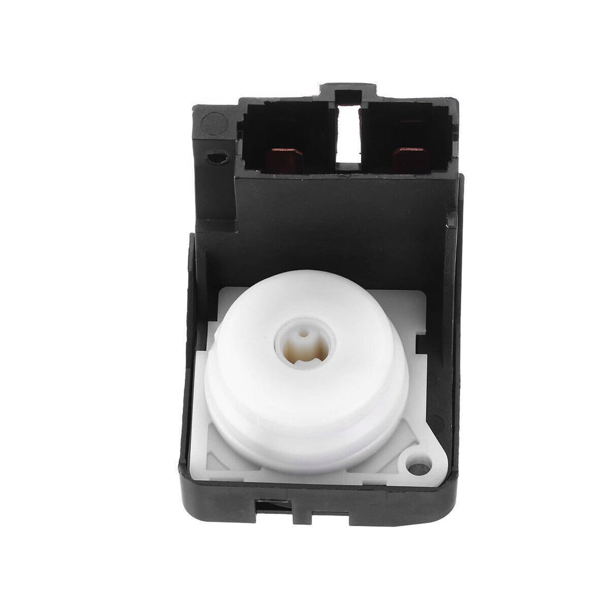 Ignition switch module front view with white circular actuator and mounting tabs