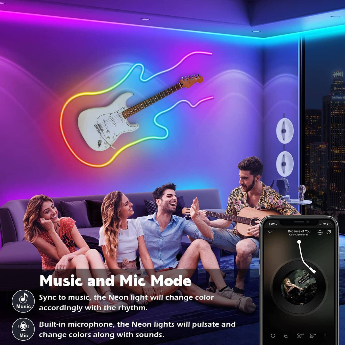 RGB LED neon rope lights shaped like a glowing electric guitar on the wall