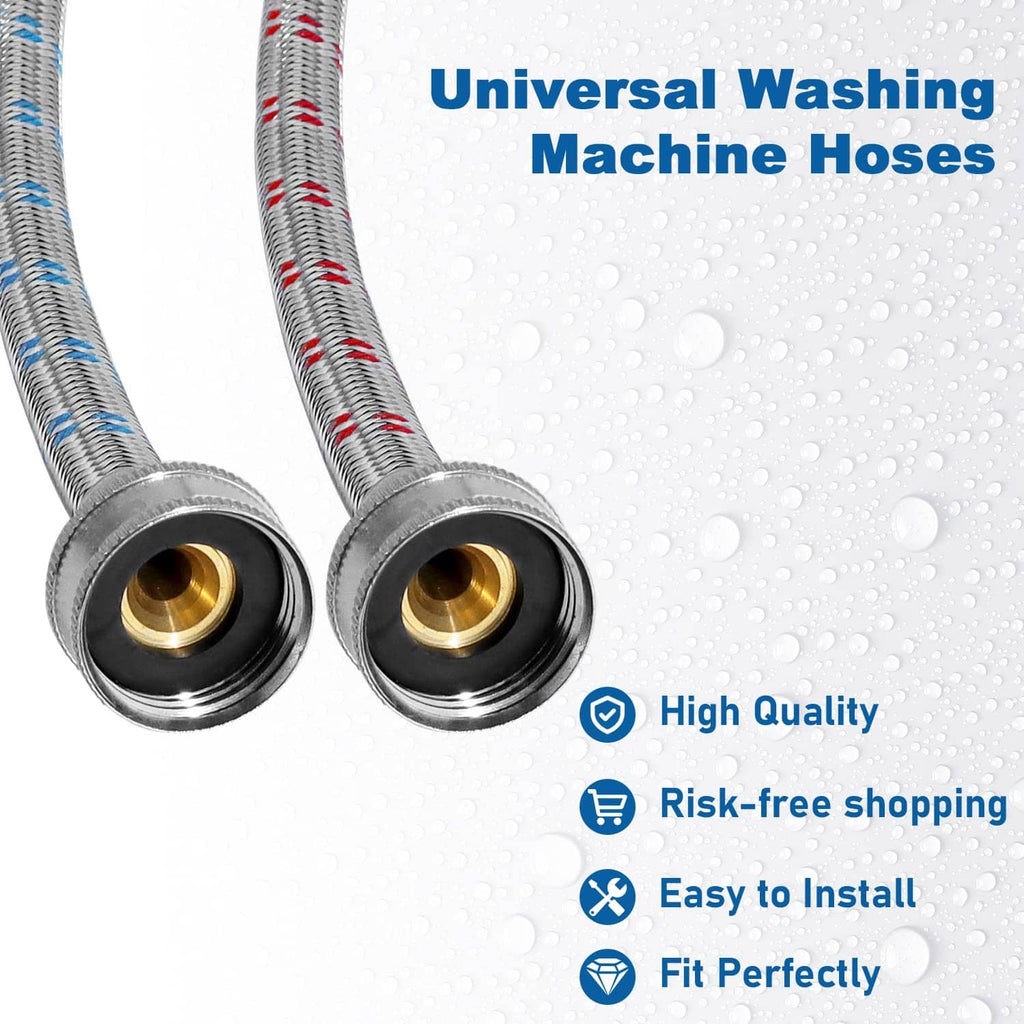Stainless washing machine hose end fittings with brass inner seals, two straight connectors.