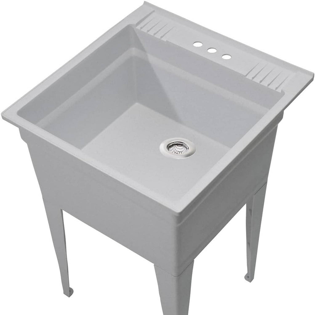 Gray utility sink with round stainless steel drain strainer insert
