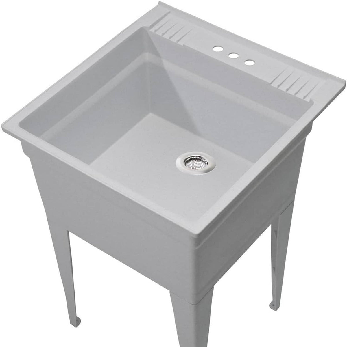 Gray utility sink with round stainless steel drain strainer insert