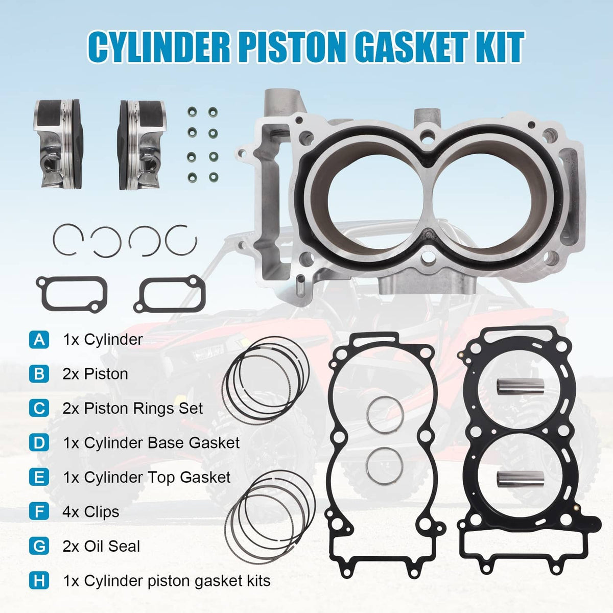 Cylinder piston gasket kit parts: cylinder, piston rings, gaskets, clips, seals