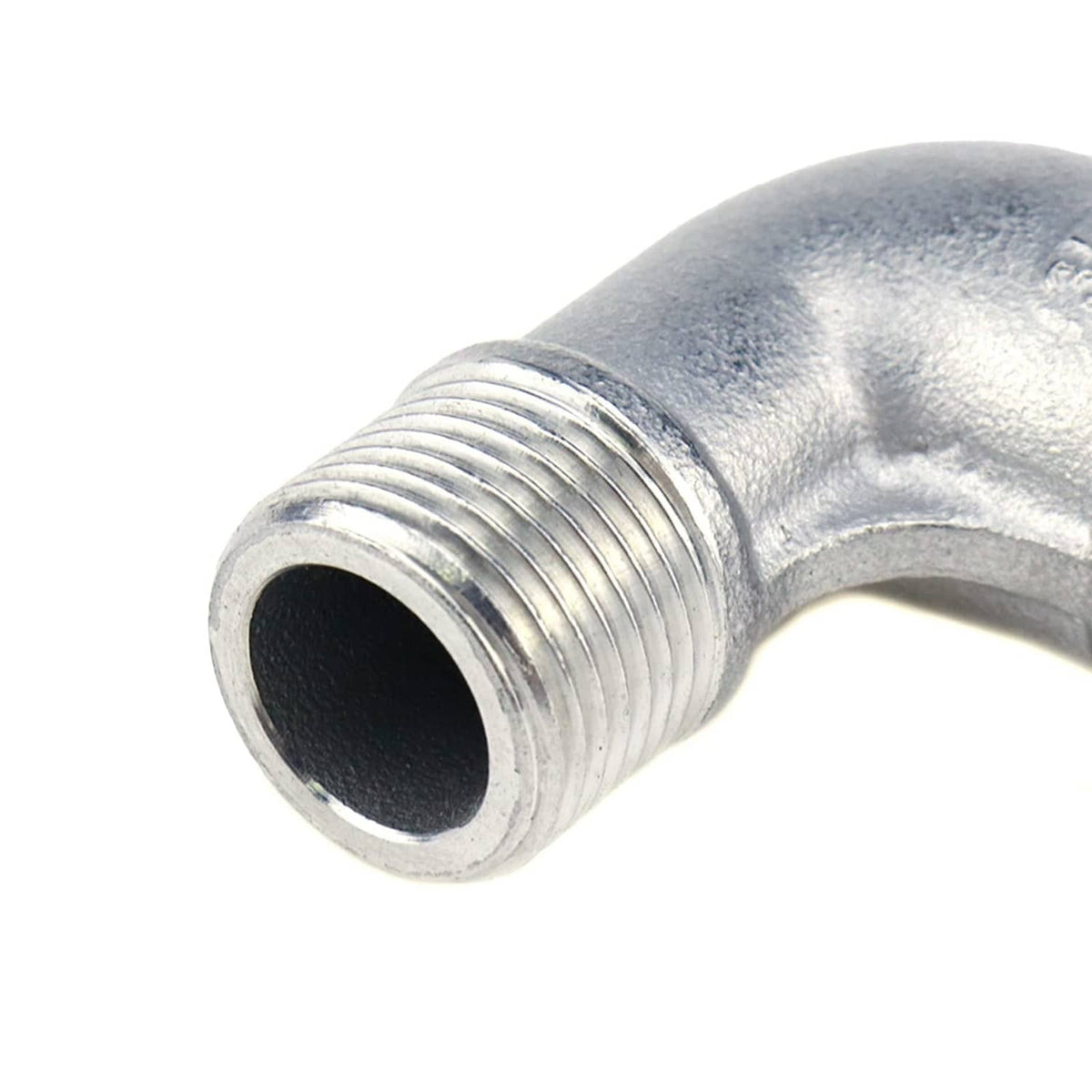 Stainless steel 90° pipe elbow fitting, threaded inlet and outlet close-up