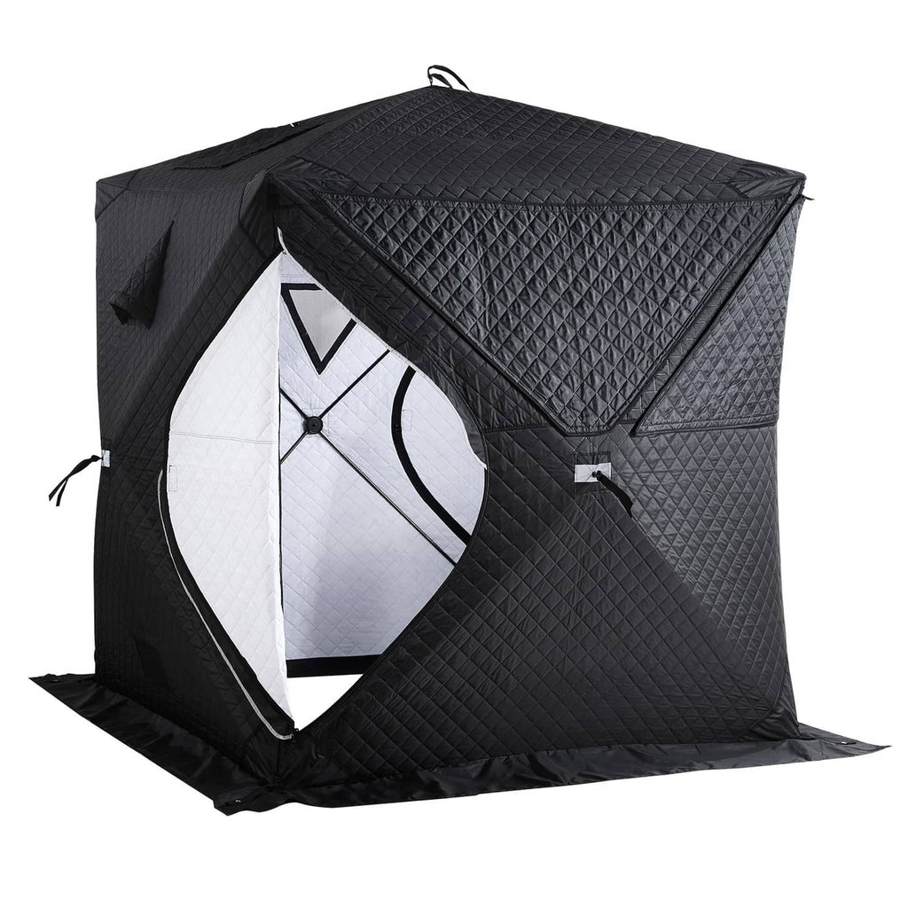 Black outdoor steam sauna tent with wide open front window and quilted walls