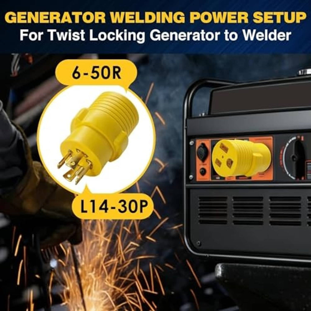 Yellow generator-to-welder adapter plug with metal prongs, shown near welding machine ports