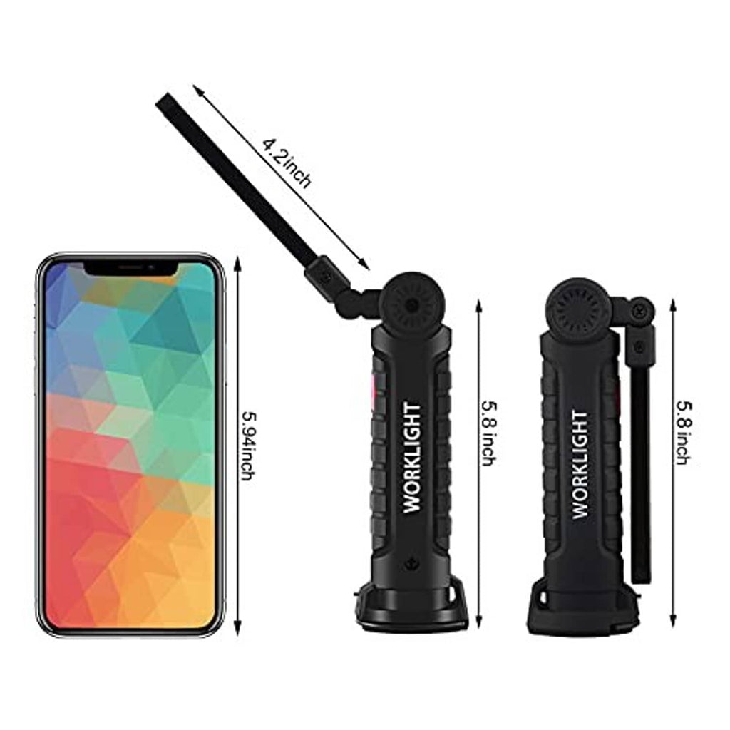 Black LED work light with yellow bar shown next to a smartphone size guide