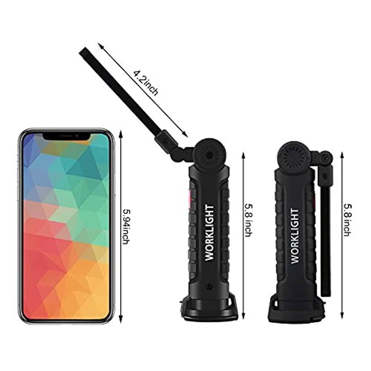 Black LED work light with yellow bar shown next to a smartphone size guide
