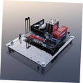 Open-frame acrylic PC case with mounted motherboard, red RAM, and GPU fan