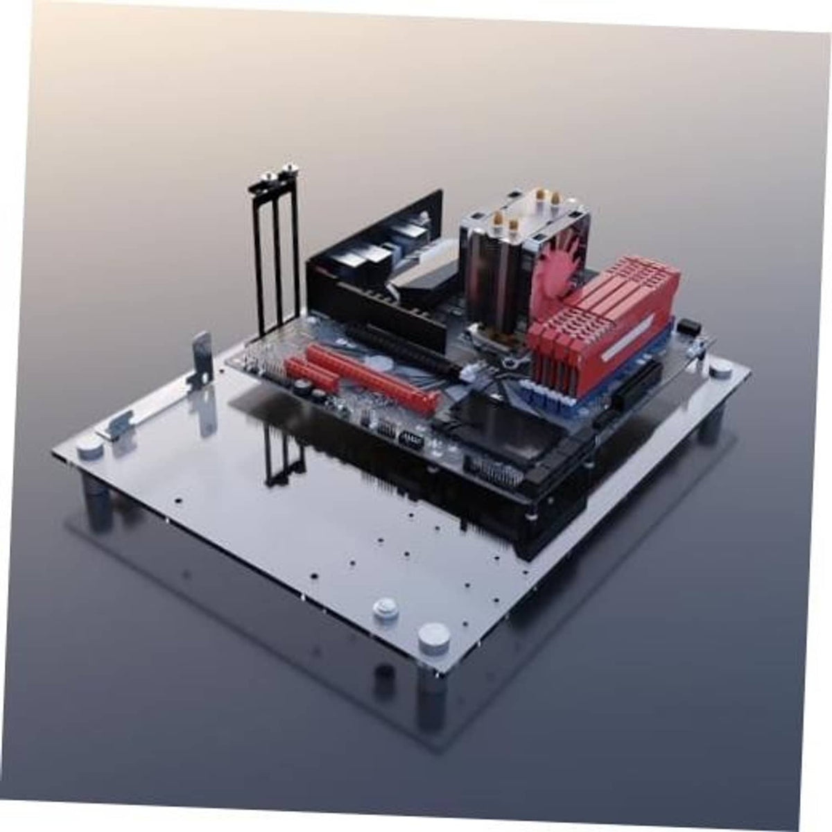 Open-frame acrylic PC case with mounted motherboard, red RAM, and GPU fan