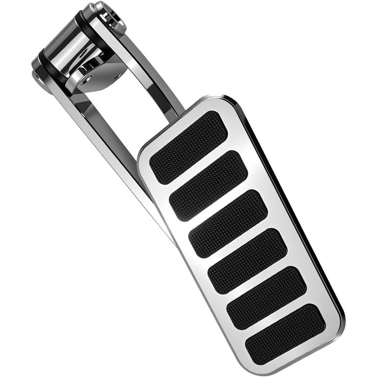 Polished metal throttle pedal with black rubber grip pad and pivot linkage