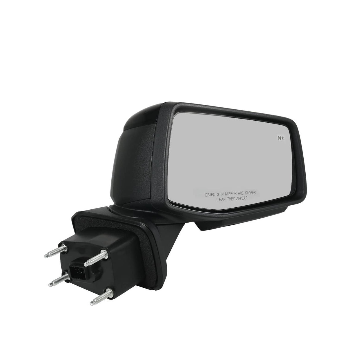 Black power heated side mirror with clear glass and electric plug mounting