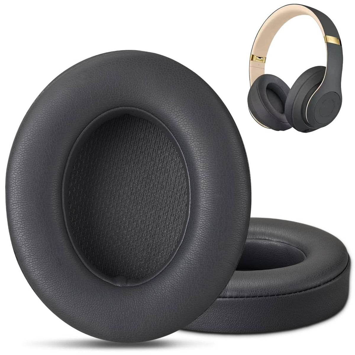 Replacement dark gray oval ear pads for headphones, with textured inner mesh