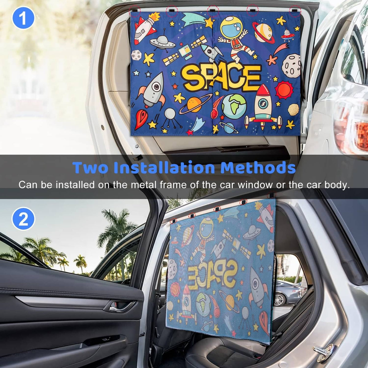 Blue space-pattern side window shade set of 2 installed on car doors