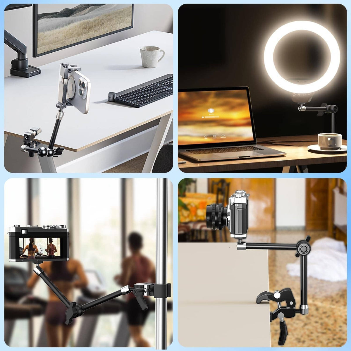 Black clamp mount with articulated arms holding a ring light and camera