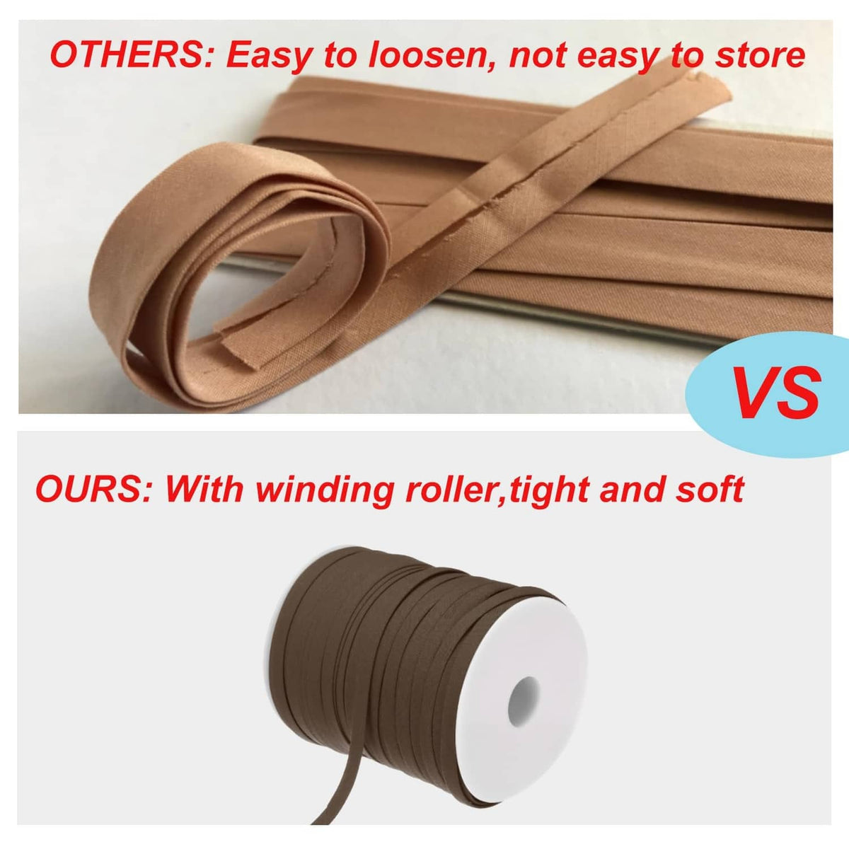 Brown double-fold bias tape spool with ribbon roll, comparison graphic background