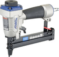 Pneumatic 18-gauge stapler with black grip, gray and blue housing, metal magazine