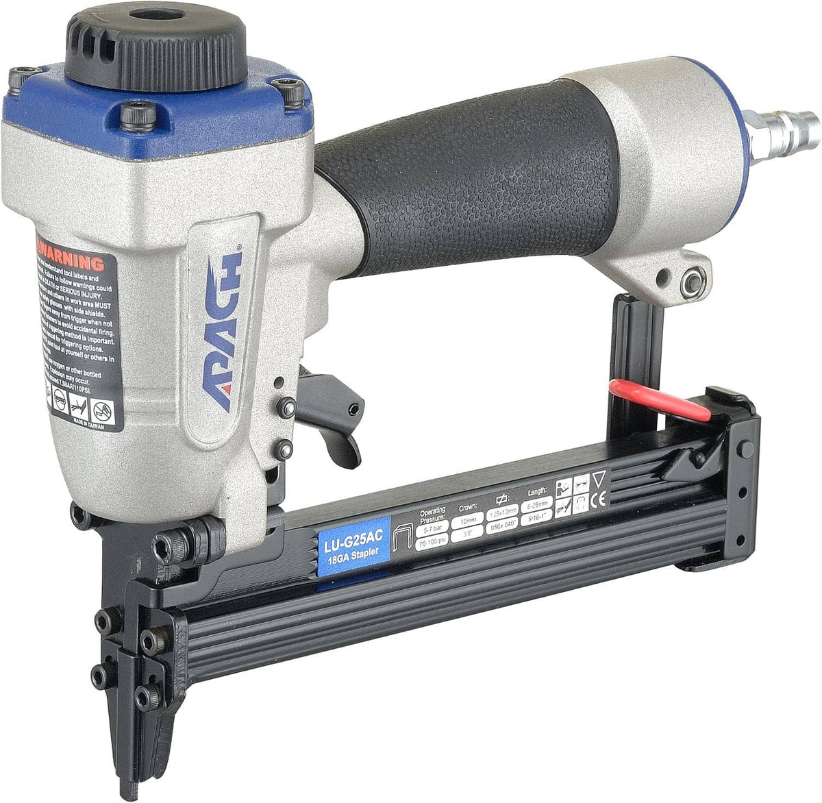 Pneumatic 18-gauge stapler with black grip, gray and blue housing, metal magazine