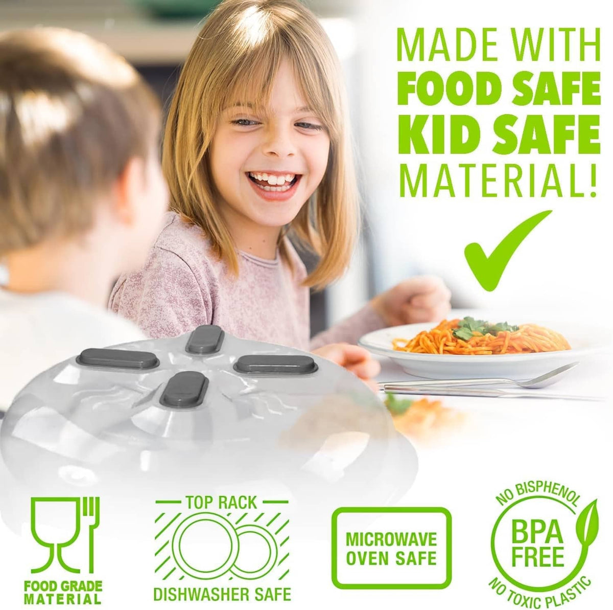 Microwave splatter cover with magnets on a plate, held in front of a child