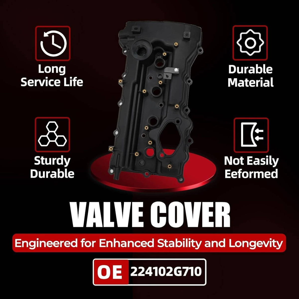 Black valve cover with gasket, product diagram view