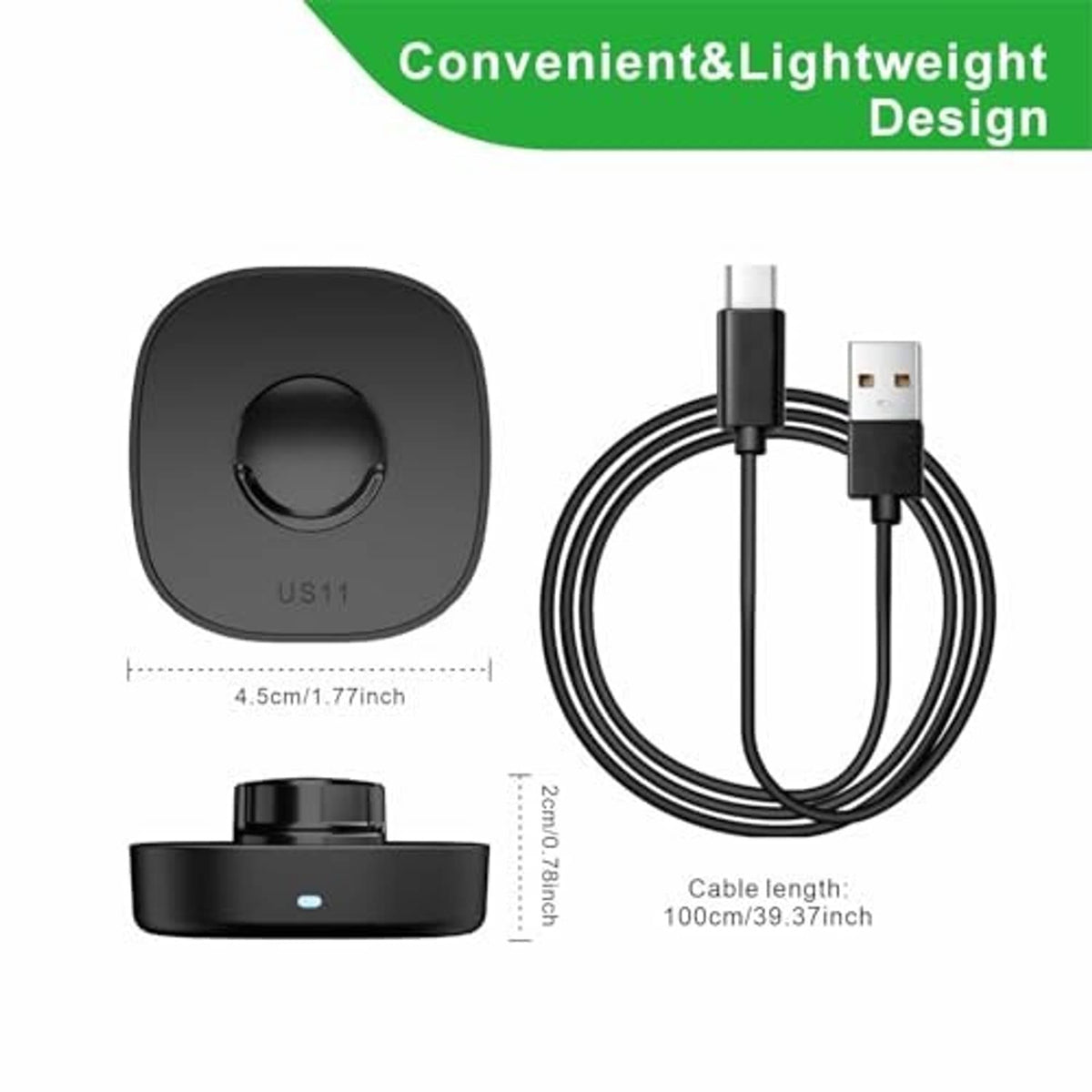 Black charging dock with USB-C cable and compact circular base design