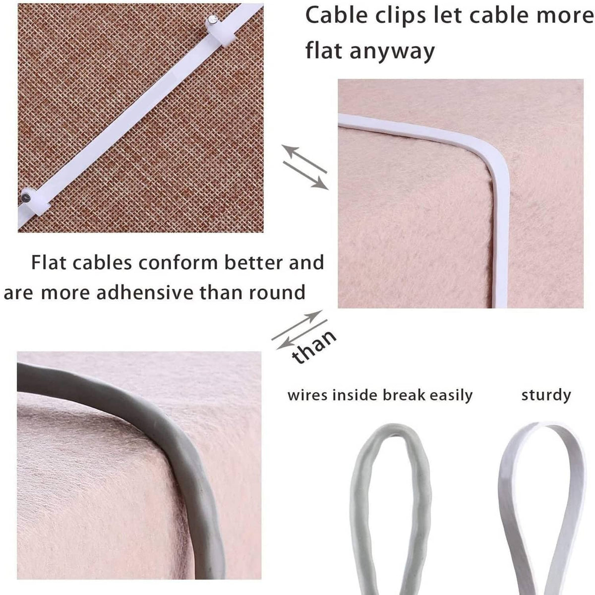 Flat Ethernet cable with white clips for routing smoothly along a surface