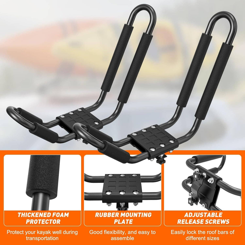 Black kayak roof rack close-up with foam pads, rubber mounts, and adjustable screws