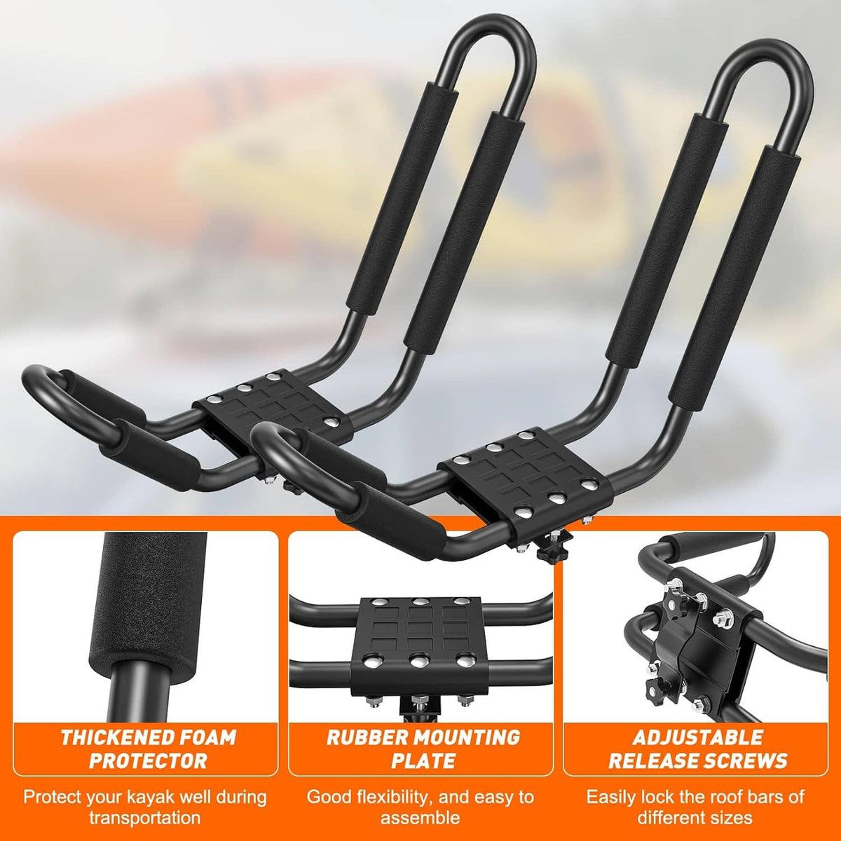 Black kayak roof rack close-up with foam pads, rubber mounts, and adjustable screws