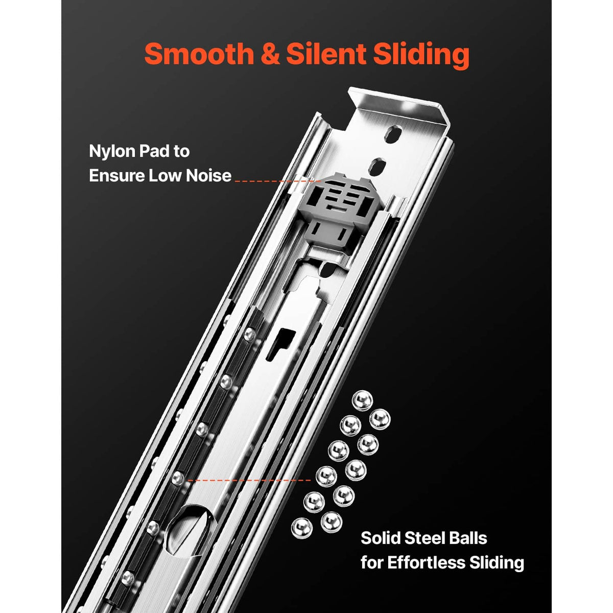 Soft-close drawer slide with nylon pad and solid steel ball bearings for quiet movement