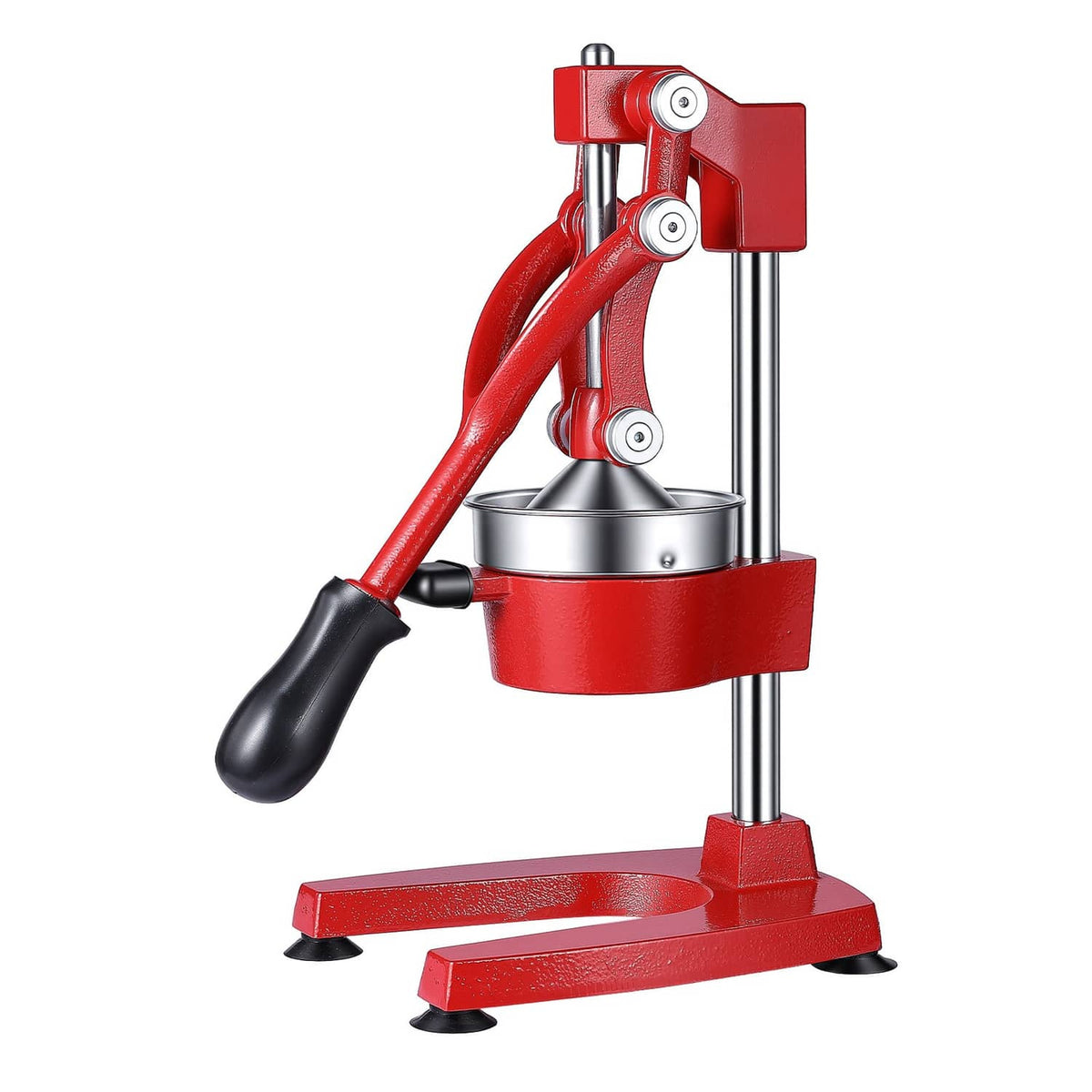 Red manual citrus juicer with tall press frame and black handle lever on base