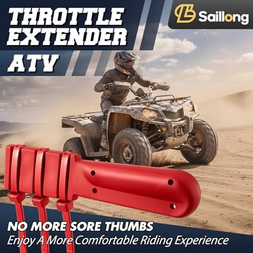 Red thumb throttle extender mounted on ATV handlebar near the rider