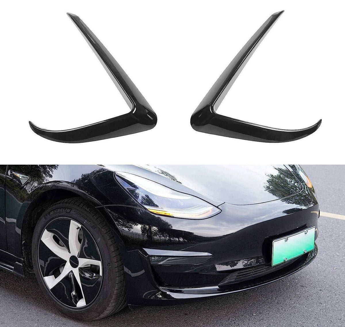 Gloss black front fog light eyebrow cover trim, curved pair for vehicle lights