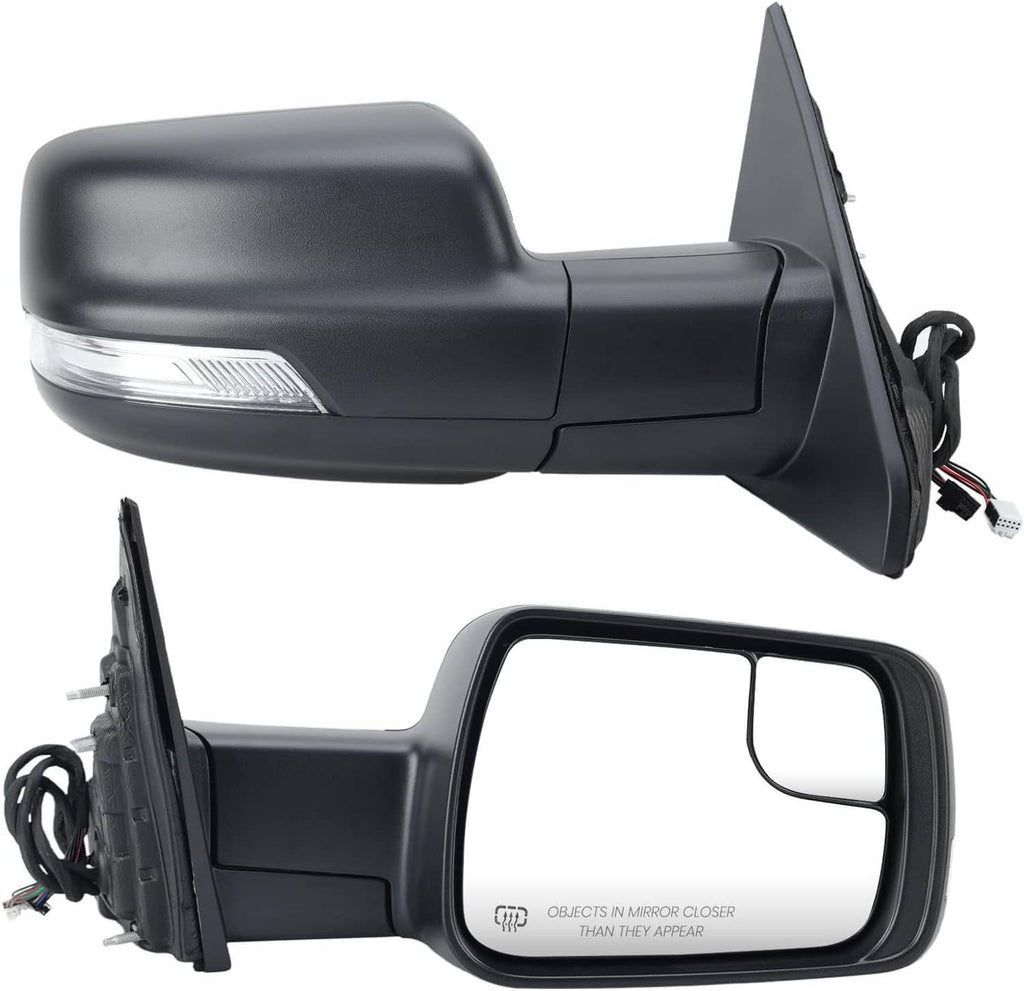 Pair of black heated power side mirrors with integrated turn signal and wiring connectors