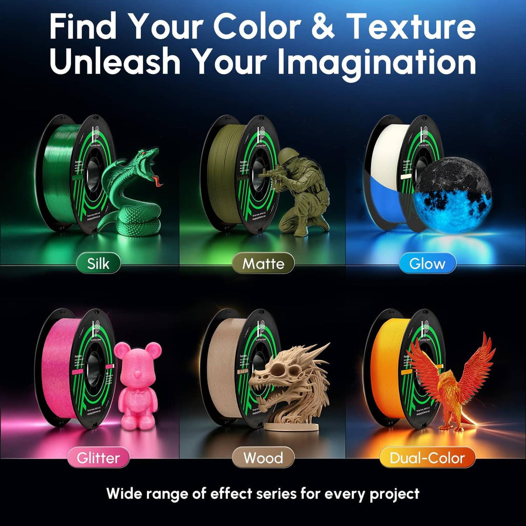 PLA filament spools with varied color and texture effect options
