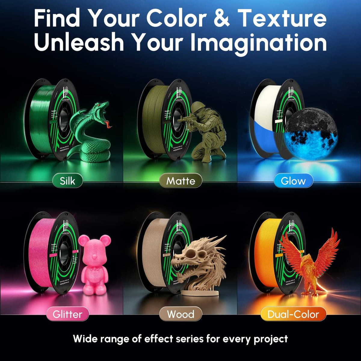 PLA filament spools with varied color and texture effect options