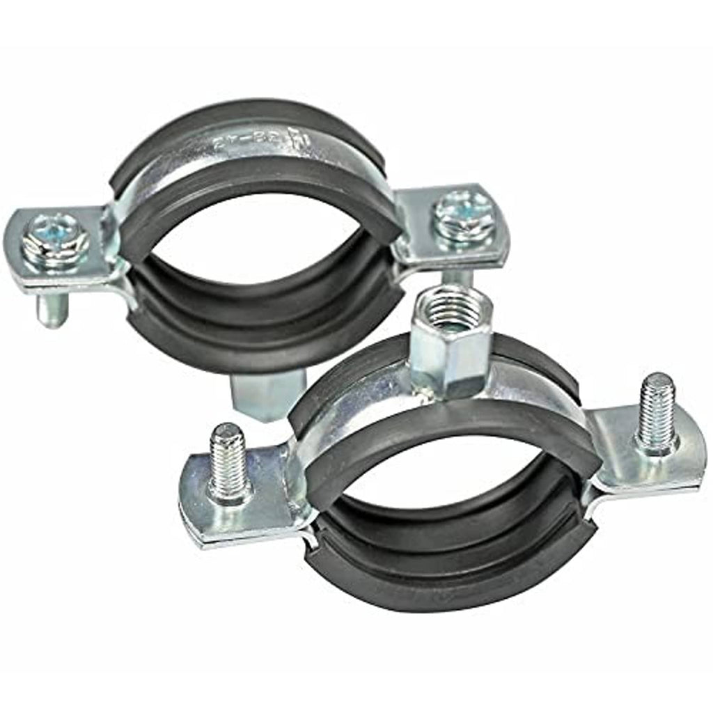 Two split ring pipe hanger brackets with black rubber rings and zinc-plated hardware for 1 in pipes