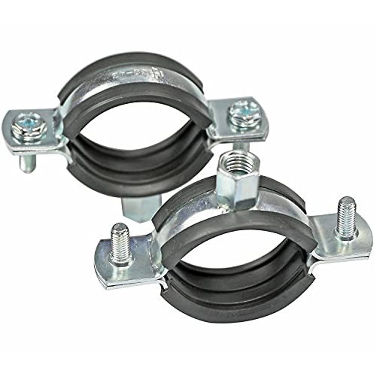 Two split ring pipe hanger brackets with black rubber rings and zinc-plated hardware for 1 in pipes
