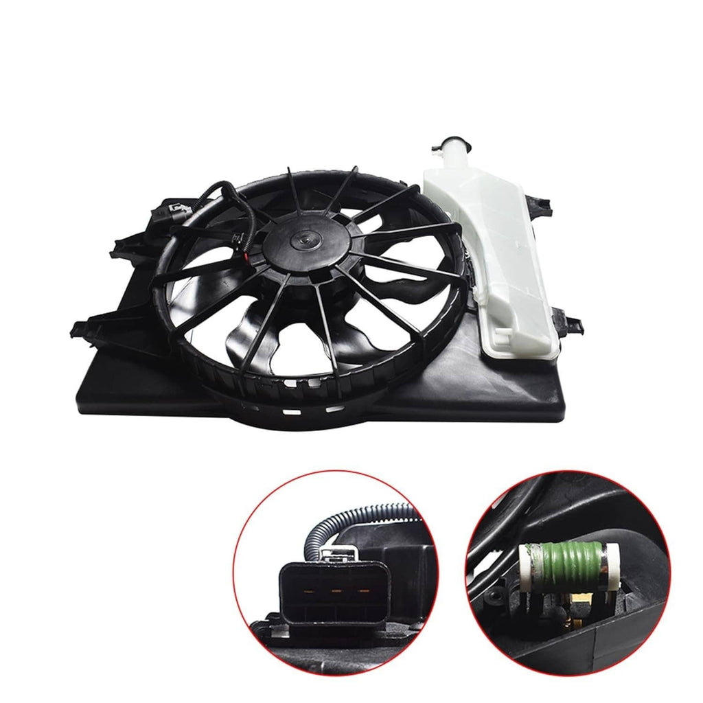 Radiator cooling fan assembly with black fan blades and white coolant reservoir tank