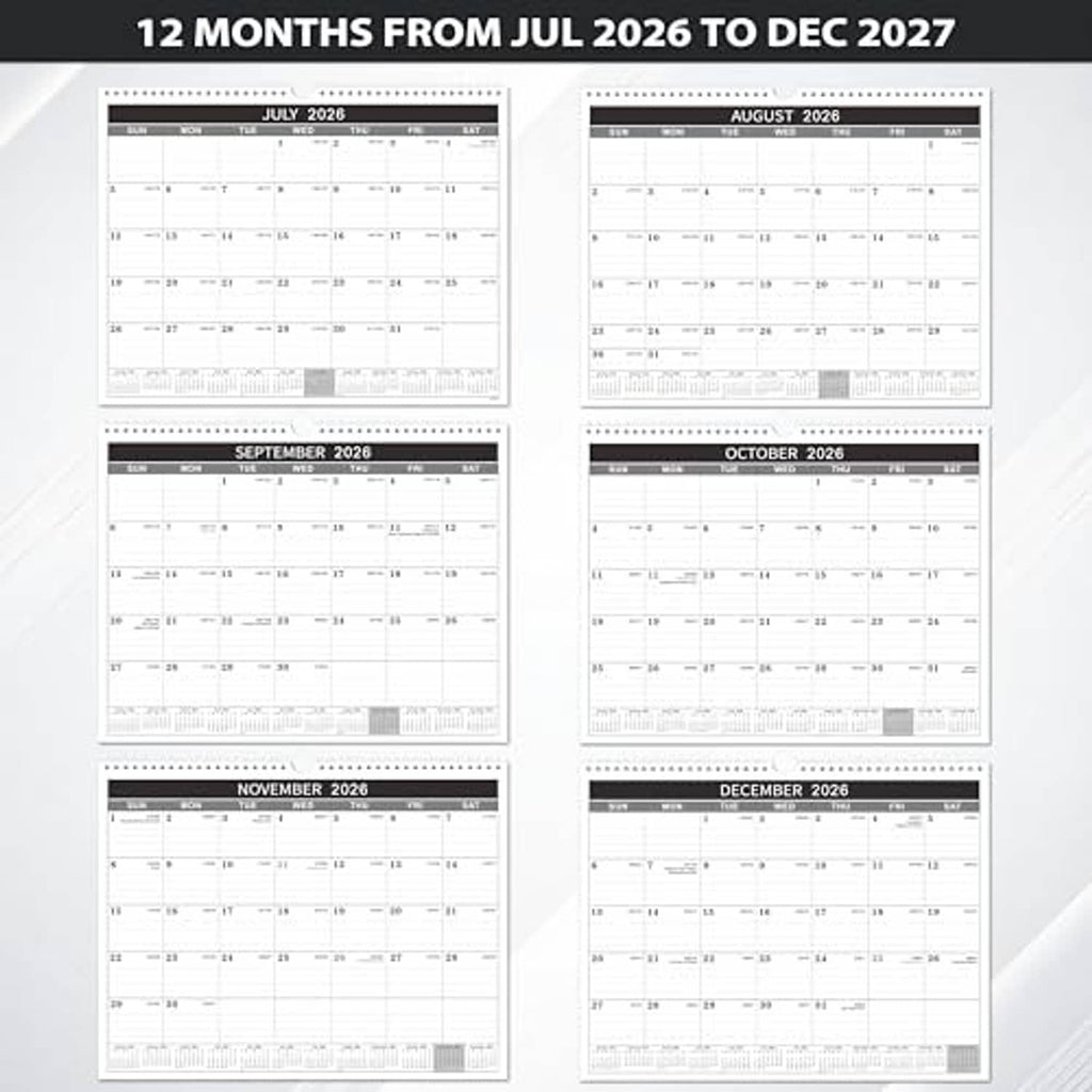 12-month wall calendar layout featuring multiple monthly grids from July 2026 onward