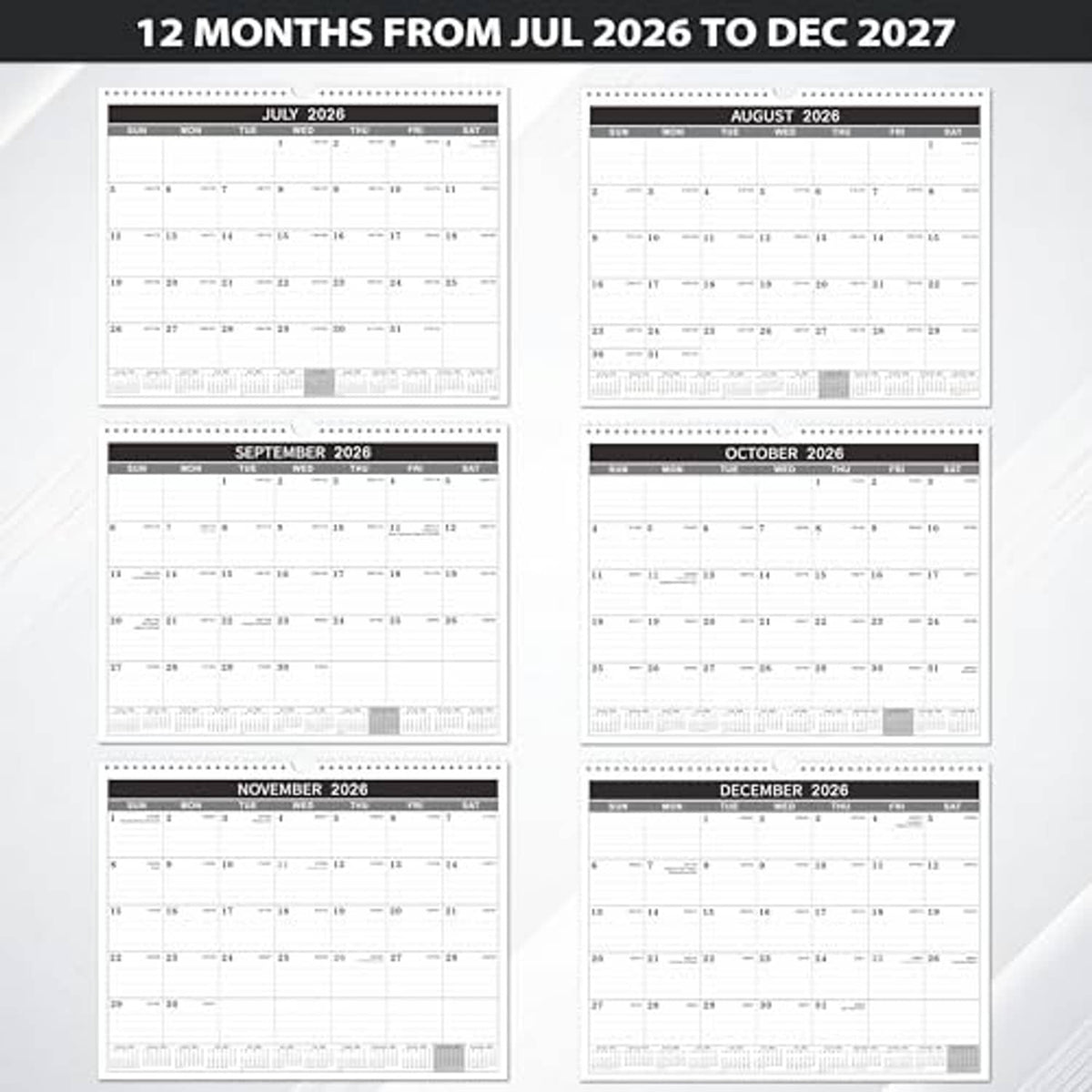 12-month wall calendar layout featuring multiple monthly grids from July 2026 onward