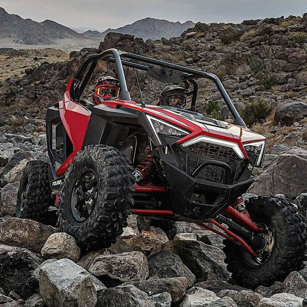 UTV with convex rear-view mirror installed on the roll cage