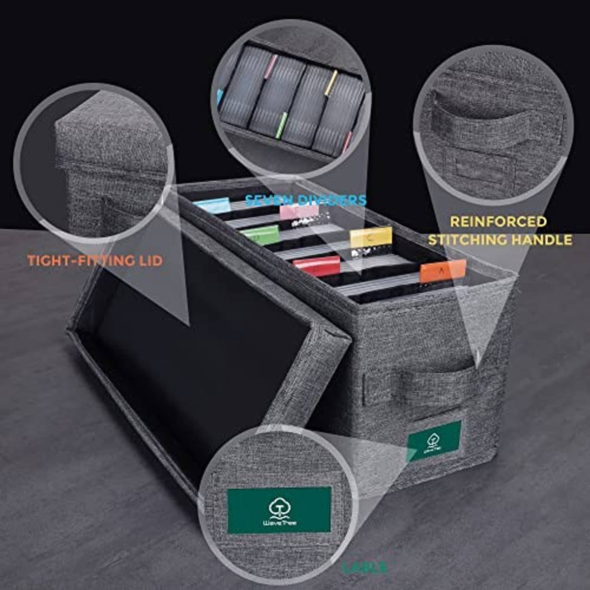 Gray fabric CD storage box with lid, reinforced handle and stitched sides detail